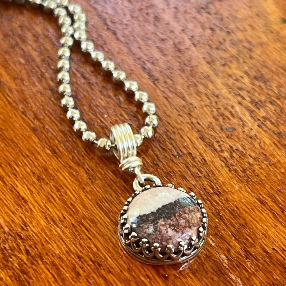 Minimalist Picture Jasper Pendant Necklace | Silver Tone Crown Bezel